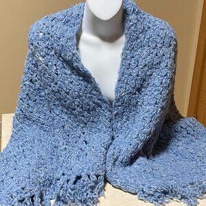 Large Slate Blue Versatile Crochet Scarf, Shawl Wrap Poncho, Blanket w/ Tassels